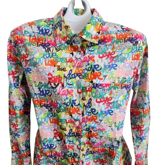 APNY Grafitti Love Print-Boyfriend Button Up Shirt-NWT-Cotton-Streetwear-XS - Picture 3 of 14